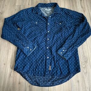Wrangler Navy Patterned Button Down Shirt with Pearl Snap Buttons Sz XLarge